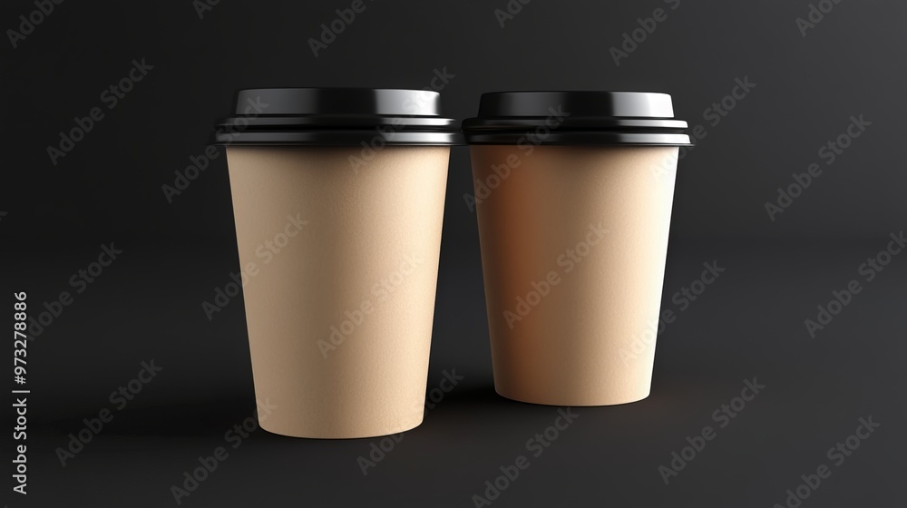 Two empty coffee cups with plastic lid covers, presented as a mockup template. Rendered in 3D. Two empty coffee cups with plastic lid covers, presented as a mockup template. Rendered in 3D.