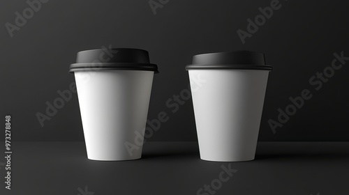 Two empty coffee cups with plastic lid covers, presented as a mockup template. Rendered in 3D. 