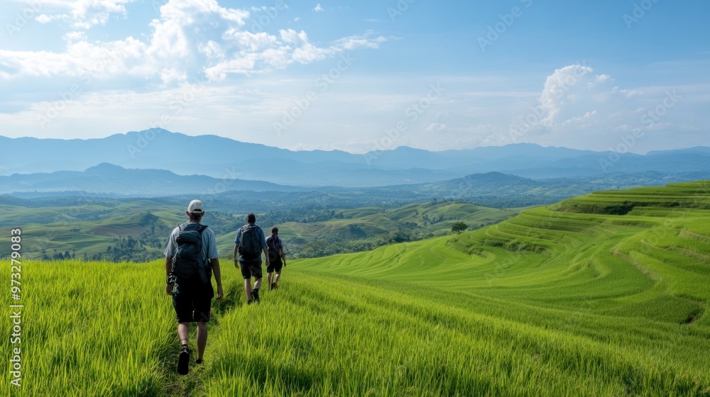 Tourists Trekking Through Scenic Isaan Rice Fields: A Journey Amidst Rolling Hills and Tranquil Greenery Tourists Trekking Through Scenic Isaan Rice Fields: A Journey Amidst Rolling Hills and Tranquil Greenery