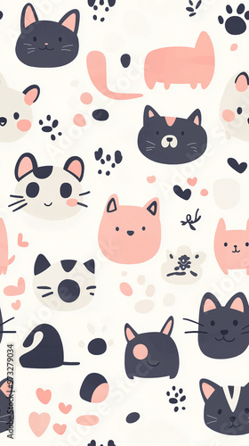 Cute and playful seamless pattern featuring various cat faces, paws, and hearts in pastel colors on a light background. Perfect for cat lovers and children's designs.