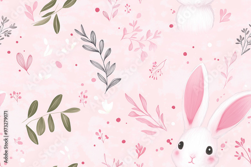 Charming seamless pattern featuring a white bunny with pink ears surrounded by delicate leaves and branches on a soft pink background. Ideal for children's products and spring themes.