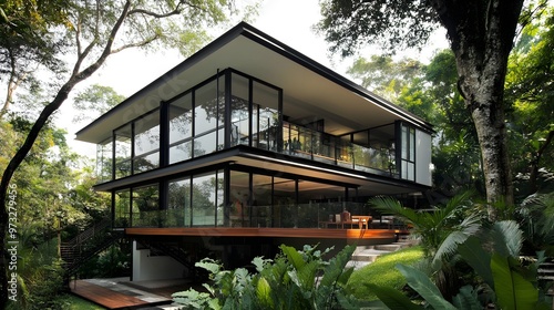 A beautifully designed modern house with cantilevered roof and large glass windows, surrounded by lush greenery photo