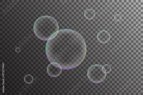 Realistic flying soap bubbles composition with rainbow reflection. Vector illustration on transparent