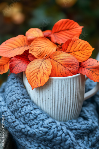 autumn leaves in a cup, fall season vibes, autumn scene, august seasonal stock