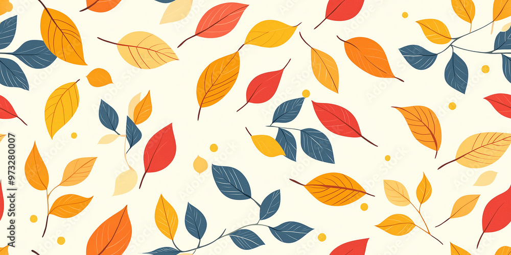 A seamless pattern with colorful autumn leaves in red, yellow, and blue hues on a light beige background. The design is elegant and captures the essence of fall with simplicity and charm. A seamless pattern with colorful autumn leaves in red, yellow, and blue hues on a light beige background. The design is elegant and captures the essence of fall with simplicity and charm.