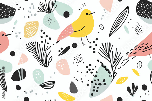 A seamless pattern showcasing minimalist birds and abstract shapes in muted pastel tones, creating a soft, playful design on a white background. Perfect for modern and whimsical decor.