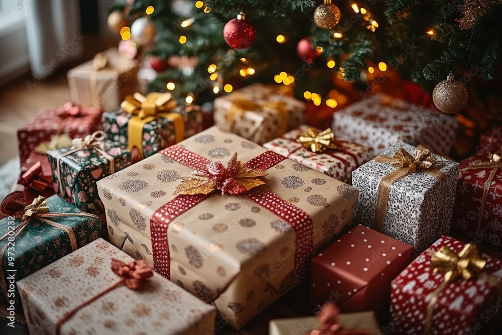 Pile of beautifully wrapped Christmas presents with colorful ribbons and bows under a decorated Christmas tree. Pile of beautifully wrapped Christmas presents with colorful ribbons and bows under a decorated Christmas tree.