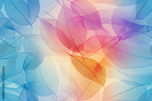 A delicate pattern of translucent leaves in shades of blue, orange, and red, creating a soothing gradient effect across the design.