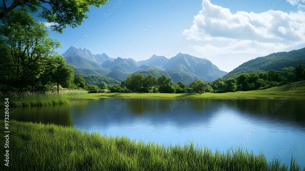 A serene landscape featuring a tranquil lake surrounded by lush greenery, with mountains in the background and a clear blue sky A serene landscape featuring a tranquil lake surrounded by lush greenery, with mountains in the background and a clear blue sky