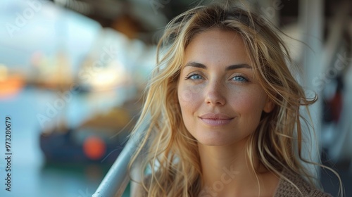 A woman with blonde hair smiles warmly by the waterfront, bathed in sunlight, with boats in the background, capturing an air of freedom, serenity, and the joy of the moment.