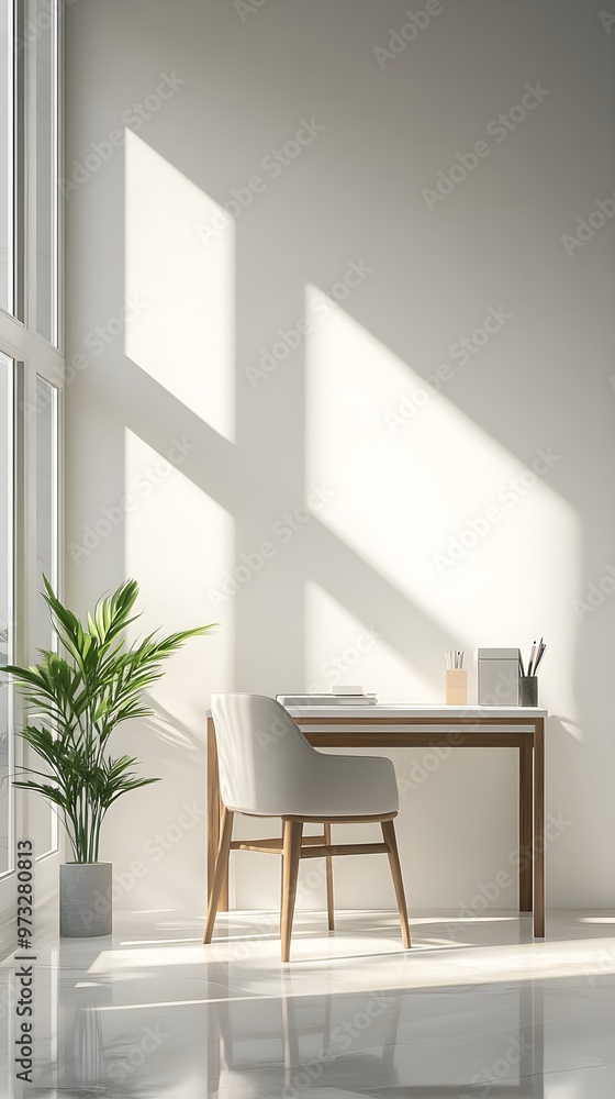 Fototapeta premium A serene indoor workspace with a stylish desk, natural light streaming in, and a soft solid color wall providing copy space