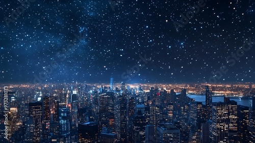 A bustling city skyline at night, with bright lights illuminating the skyscrapers and a clear starry sky above