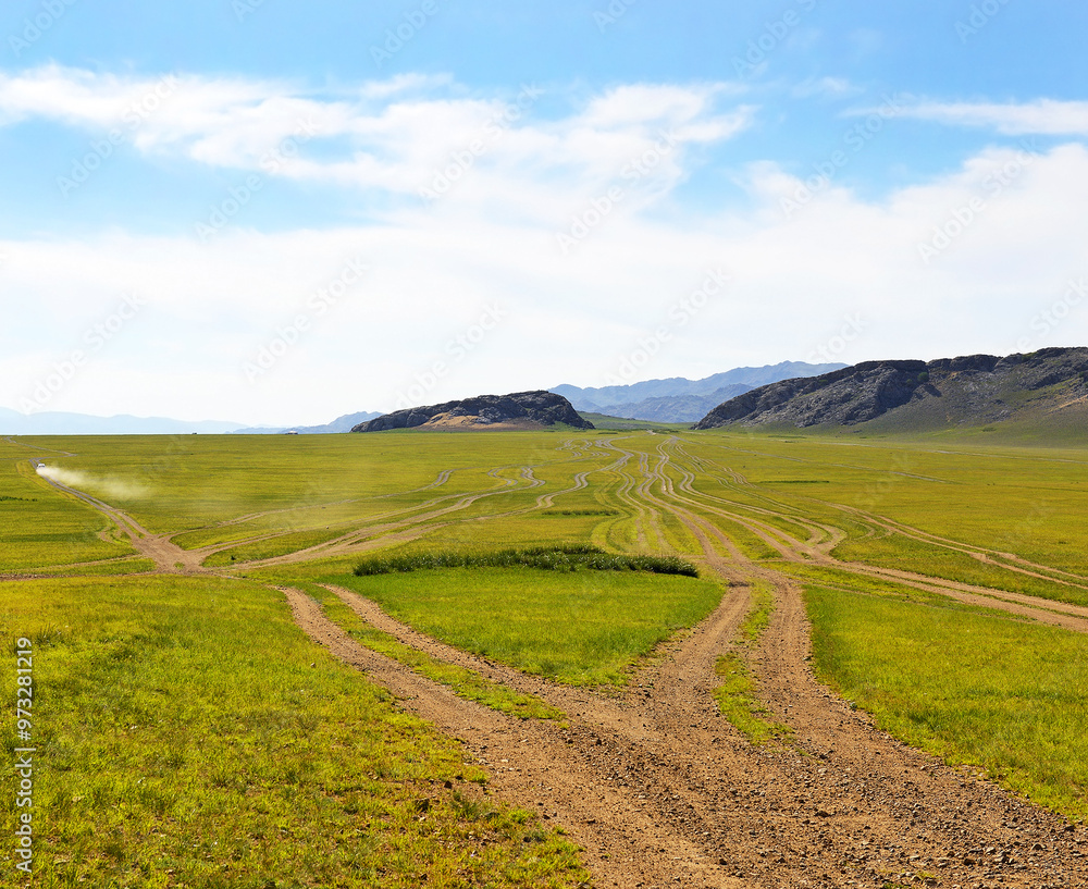 Typical roads in Mongolia - ruts of cars in the steppe