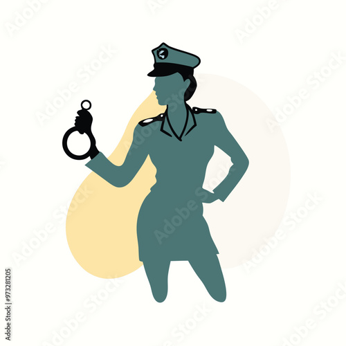 a beautiful policewoman holding with a handcuff, vector silhouette illustration,  