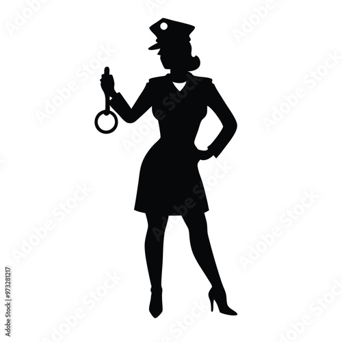 a beautiful policewoman holding with a handcuff, vector silhouette illustration,  
