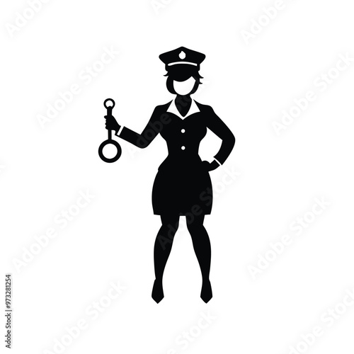 a beautiful policewoman holding with a handcuff, vector silhouette illustration,  