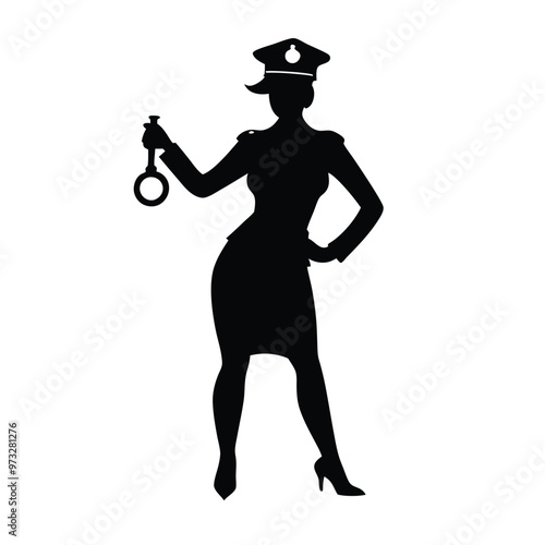 a beautiful policewoman holding with a handcuff, vector silhouette illustration,  