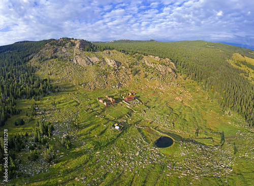 The grounds of the Manzushir Monastery located in the south of protected Bogd Khan Mountain, 45 km by road from Ulaanbaatar, and 8 km northeast of Zuunmod town, Mongolia