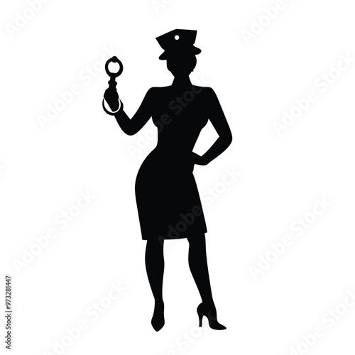 a beautiful policewoman holding with a handcuff, vector silhouette illustration,  
