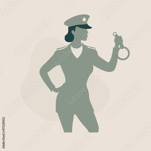a beautiful policewoman holding with a handcuff, vector silhouette illustration,  