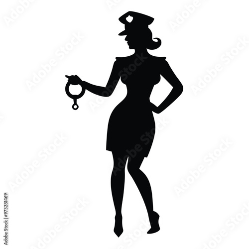 a beautiful policewoman holding with a handcuff, vector silhouette illustration, 