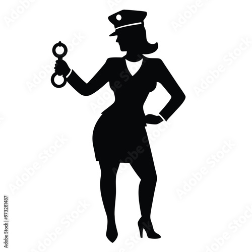 a beautiful policewoman holding with a handcuff, vector silhouette illustration, 