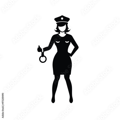 a beautiful policewoman holding with a handcuff, vector silhouette illustration, 