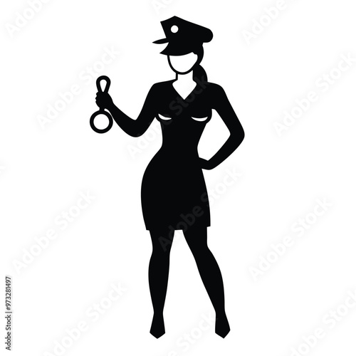 a beautiful policewoman holding with a handcuff, vector silhouette illustration, 
