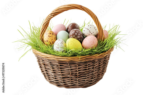 Wicker Easter Basket with Painted Eggs on Grass - Isolated on White Transparent Background, PNG
 photo