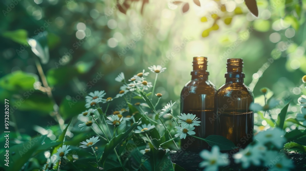 Natural wildflower extracts in glass bottles with green foliage backdrop Close-up photo with clean background Natural wildflower extracts in glass bottles with green foliage backdrop Close-up photo with clean background