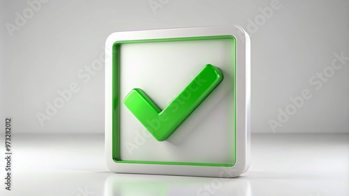 A bold, green check mark symbol situated within a clean, white rectangle, conveying approval, confirmation, and success, isolated on a neutral background. photo