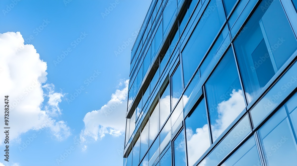 Obraz premium A close-up of a modern bank building with large glass windows reflecting the sky, showcasing a sleek architectural design