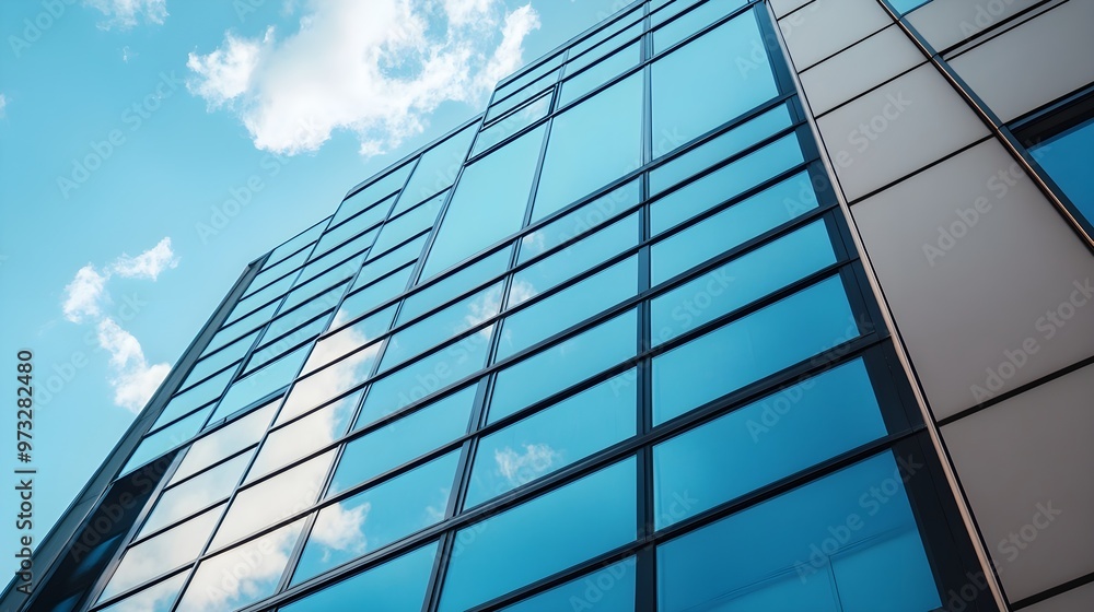 A close-up of a modern bank building with large glass windows reflecting the sky, showcasing a sleek architectural design A close-up of a modern bank building with large glass windows reflecting the sky, showcasing a sleek architectural design