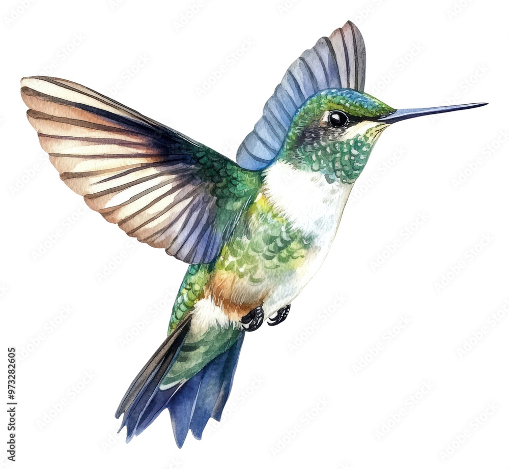 Fototapeta premium PNG Colorful hummingbird hovering near flowers