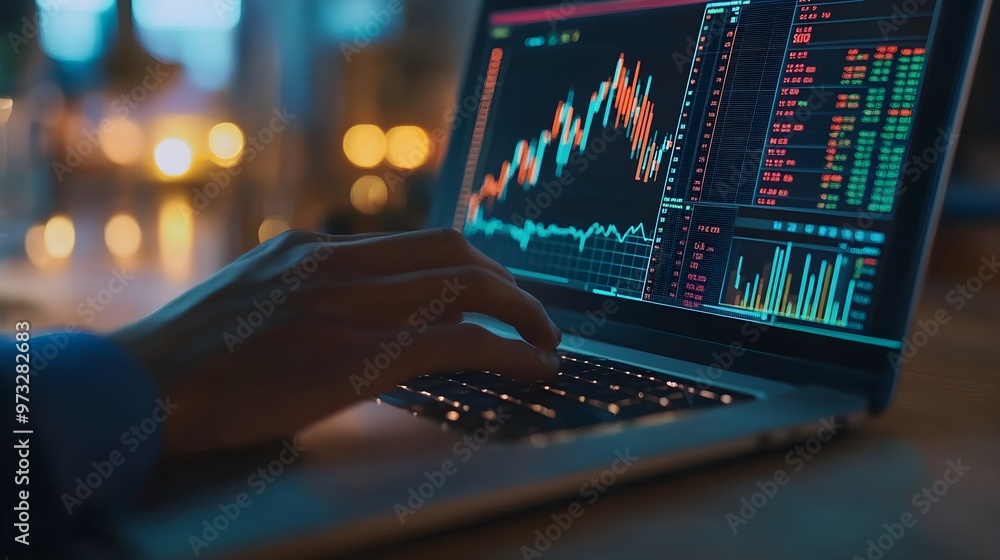 A close-up of a trader's hands typing on a laptop with stock market graphs displayed on the screen A close-up of a trader's hands typing on a laptop with stock market graphs displayed on the screen