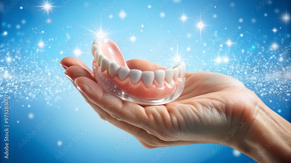 A close-up of a sparkling clean denture, held by a gentle hand, sits against a soft blue background, A close-up of a sparkling clean denture, held by a gentle hand, sits against a soft blue background,