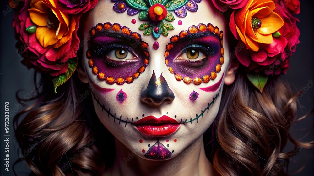 A close-up of a sugar skull-inspired Halloween makeup design featuring vibrant colors, intricate details, and a spooky-glamorous aesthetic on a female face. A close-up of a sugar skull-inspired Halloween makeup design featuring vibrant colors, intricate details, and a spooky-glamorous aesthetic on a female face.