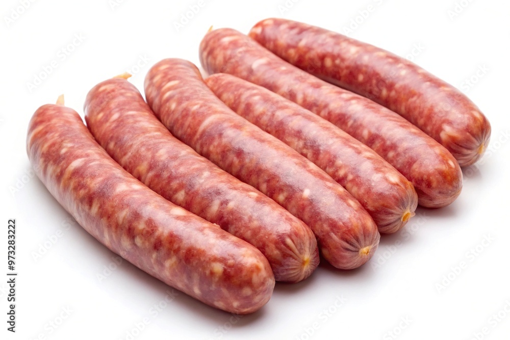 Close-up shot of four uncooked sausages on white background taken with a fisheye lens Close-up shot of four uncooked sausages on white background taken with a fisheye lens