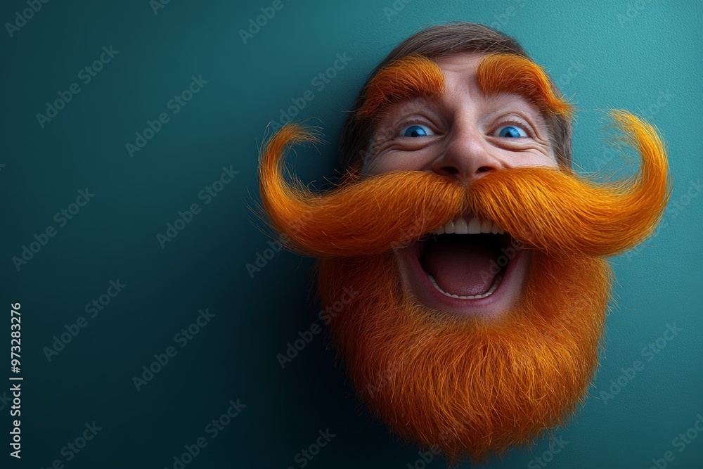 Cheerful man with an exaggerated orange beard and mustache, showing a humorous and playful expression against a green background. Cheerful man with an exaggerated orange beard and mustache, showing a humorous and playful expression against a green background.