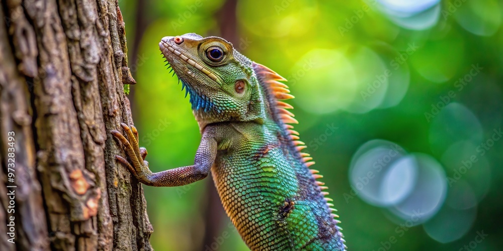 Obraz premium Closeup shot of Indian chameleon climbing on tree in forest
