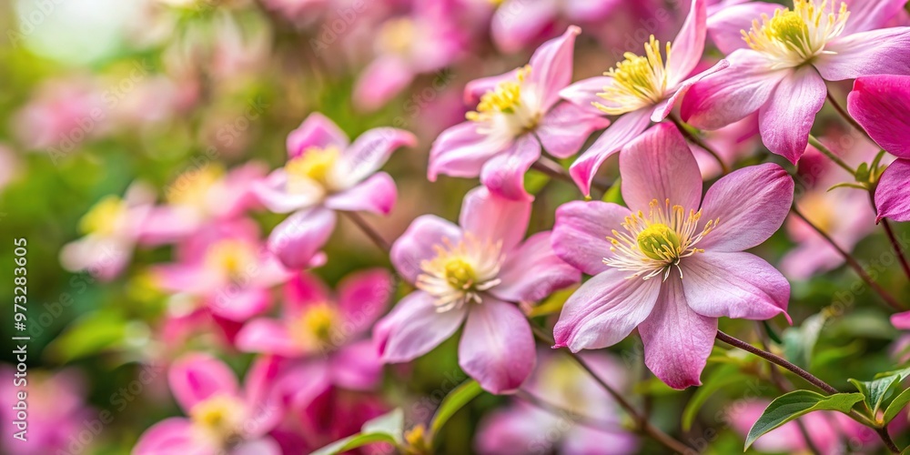 Closeup shot of pink Clematis Montana flowers in springtime Closeup shot of pink Clematis Montana flowers in springtime