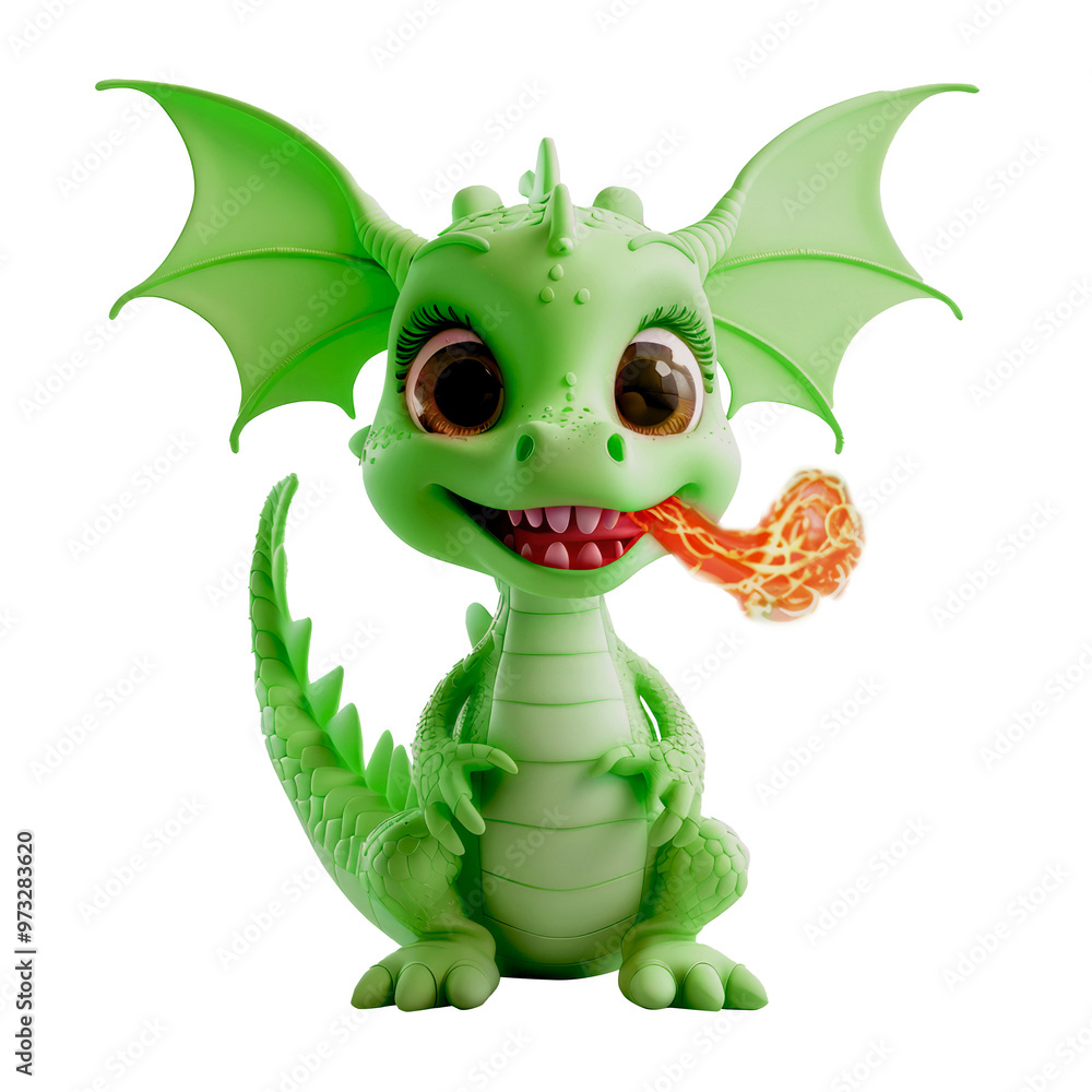 Obraz premium Bright 3D illustration of a cute green baby dragon exhaling a small flame. The dragon has big expressive eyes, pointed wings and a playful expression, making it seem both fierce and charming.
