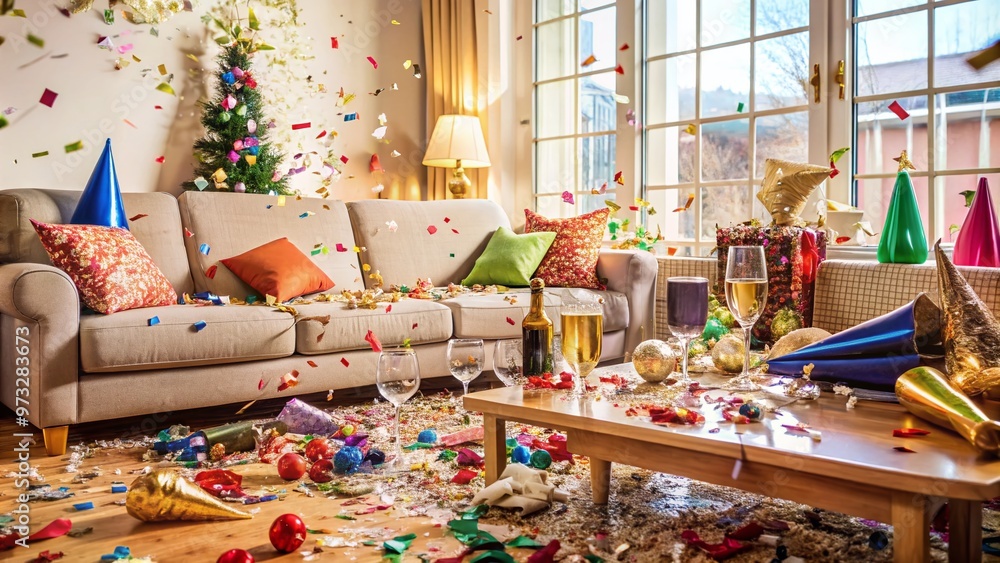 A cluttered, champagne-soaked living room with confetti, torn party hats, and crushed noisemakers, capturing the joyful chaos of a celebratory New Year's Eve aftermath. A cluttered, champagne-soaked living room with confetti, torn party hats, and crushed noisemakers, capturing the joyful chaos of a celebratory New Year's Eve aftermath.
