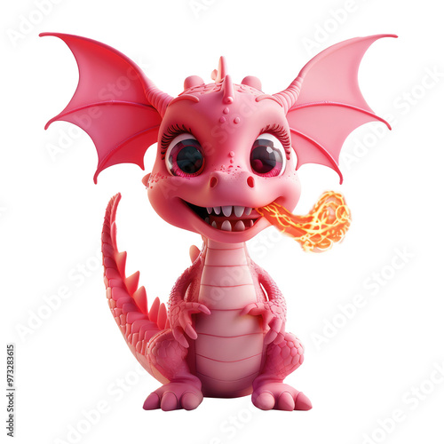 A vibrant 3D illustration of a cute pink dragon breathing a small flame. The dragon has large, expressive eyes, pointed wings, and a playful expression, making it appear both fierce and adorable.