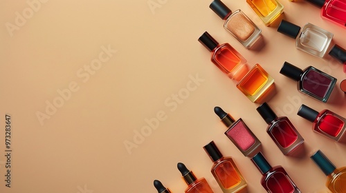 Flat lay of various colorful perfume bottles arranged on a beige background. Minimalist and elegant composition with copy space for fragrance ads, beauty product promotions, and luxury branding campai photo