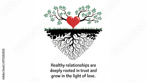 A heart grows from the ground, its branches and roots symbolizing trust and love. The text emphasizes that healthy relationships are deeply rooted in trust and grow in the light of love. photo