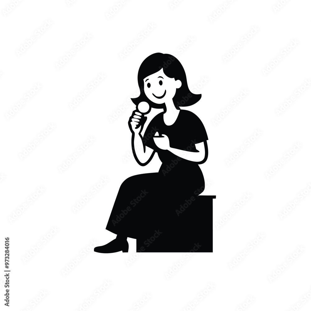 Happy woman eating ice cream, vector silhouette illustration, isolated white background Happy woman eating ice cream, vector silhouette illustration, isolated white background