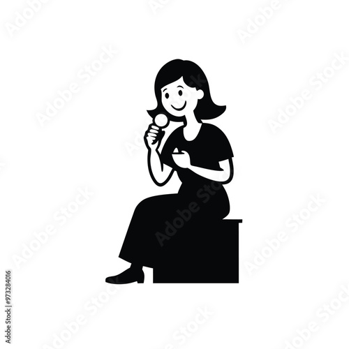 Happy woman eating ice cream, vector silhouette illustration, isolated white background 