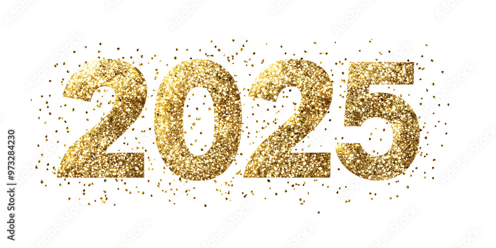 Happy New Year 2025 greeting card element on white background. Festive Christmas design. Gold numbers with realistic glitter texture Happy New Year 2025 greeting card element on white background. Festive Christmas design. Gold numbers with realistic glitter texture