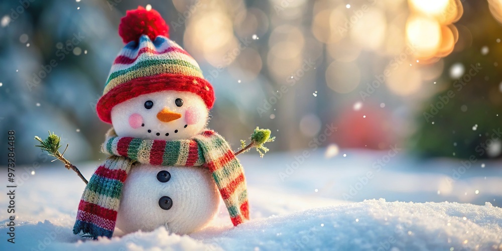 Close-up snowman wearing scarf in snowy Christmas yard Close-up snowman wearing scarf in snowy Christmas yard